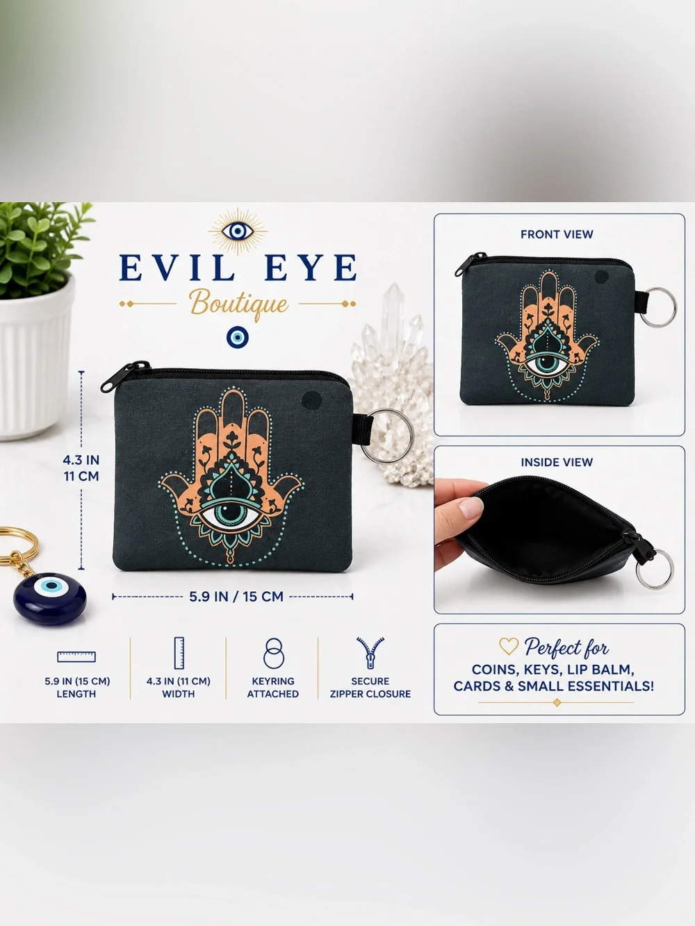 🪬Women's Black Hamsa Coin Purse with Keyring